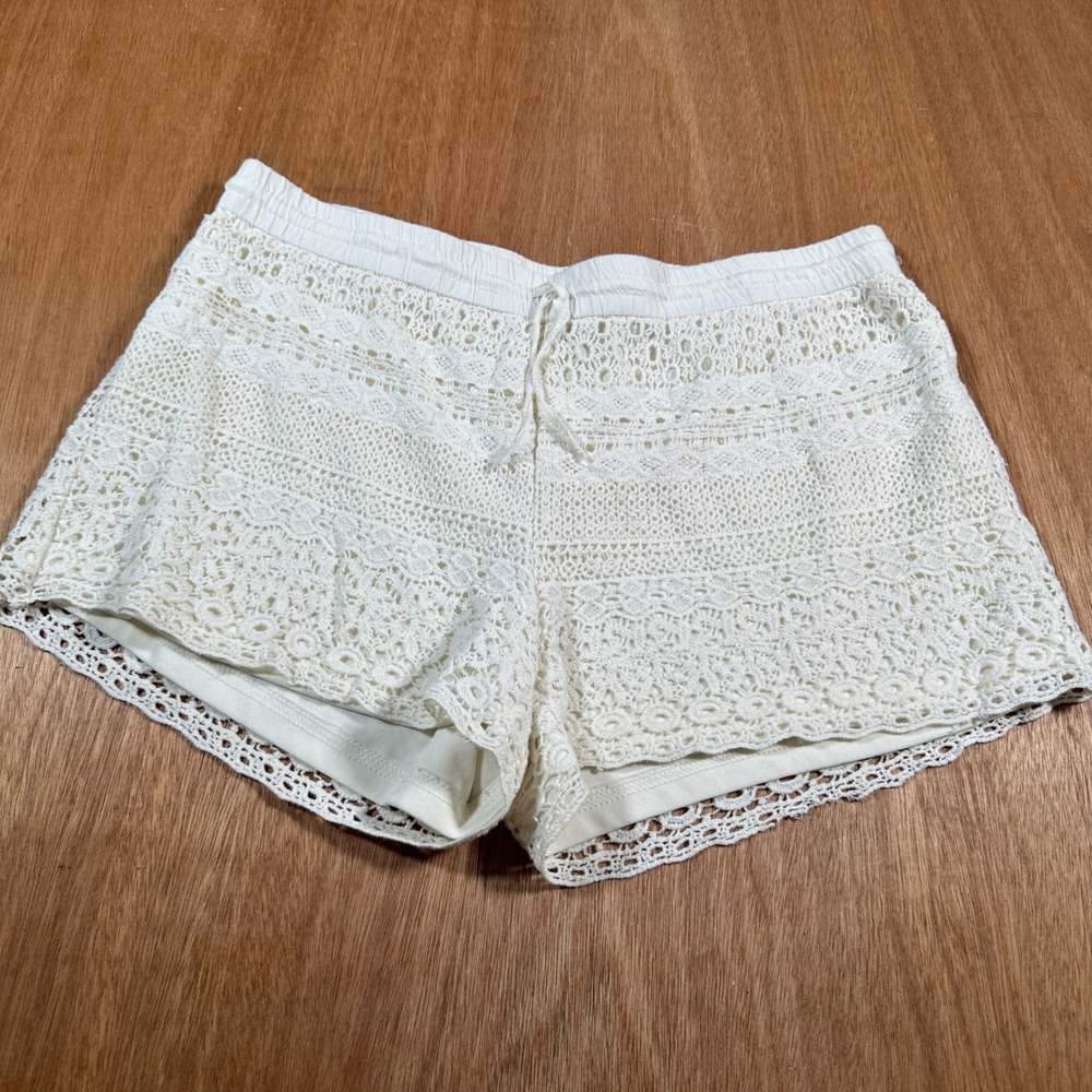 Jun & Ivy Womens Lace Crochet Shorts Ivory Lined Boho Pull On Size Large
